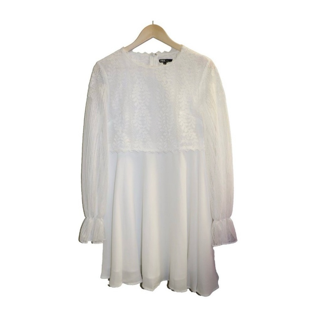 INA White Lace Overlay Long Sleeve Short Dress